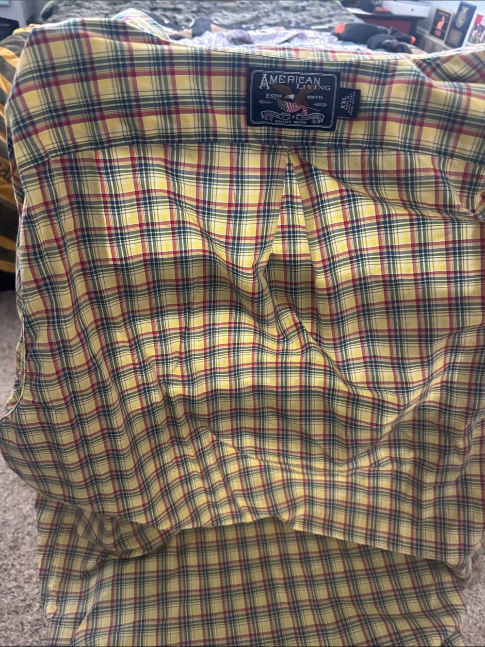 American Living Yellow Plaid Short-Sleeve Button-Down Shirt